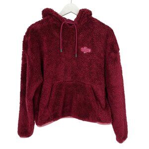 Nike Women's Sherpa Plush Crop Pullover Hoodie Top Size M Maroon Pocket L/S Logo